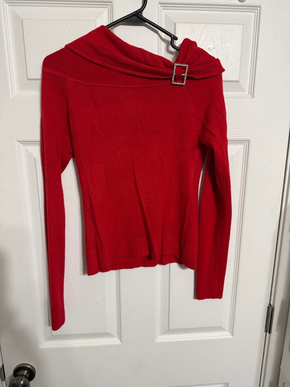 Sweater Project Red Off-the-Shoulder Sweater with Rhinestone Buckle